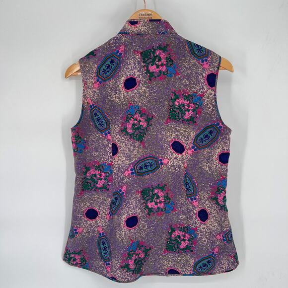 Women's Vintage Cheongsam Vest Purple Floral Frog Button Sleeveless Collared M/L - Picture 2 of 8